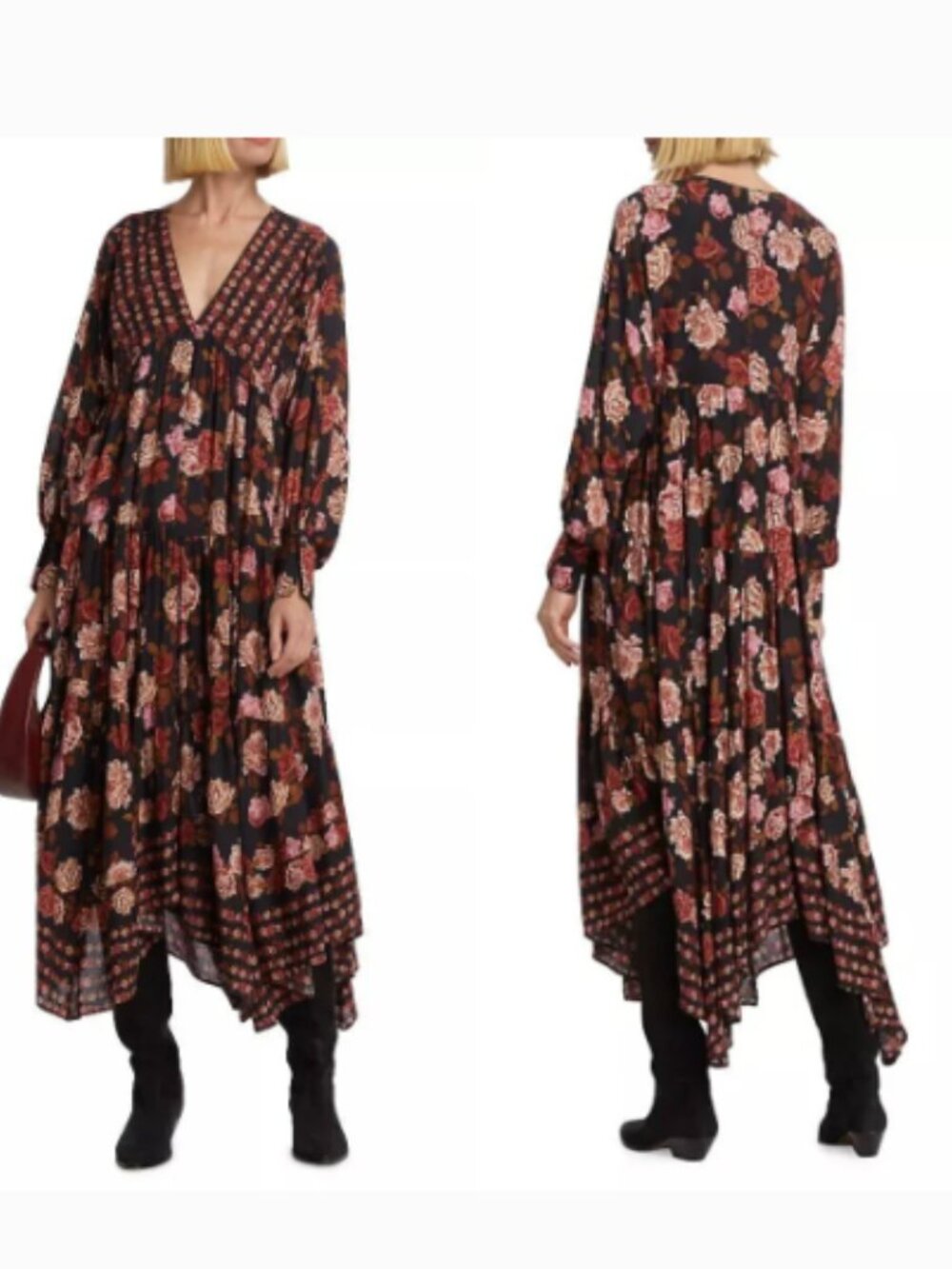 Free People Rows of Roses Flowy Bohemian Maxi Dress Floral Size Small Women's